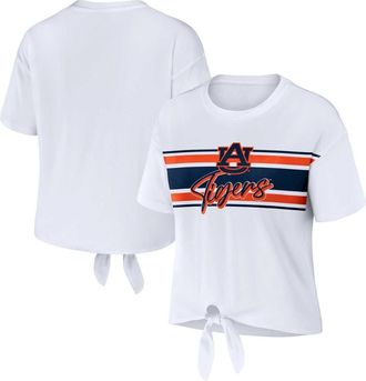WEAR by Erin Andrews Womens WEAR by Erin Andrews White Auburn Tigers Striped Front Knot Cropped T-Shirt at Nordstrom, Size Xx-Large