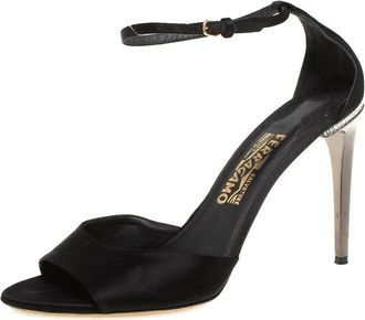 Ferragamo Black Satin Embellished Heel Ankle Strap Sandals
