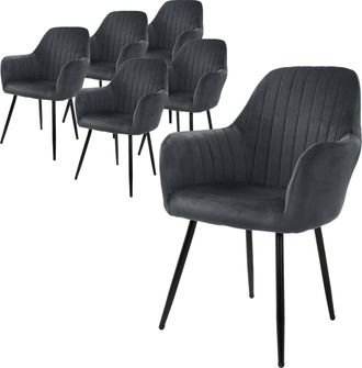 ML Design Ml-design - 6x Sillas De Comedor Color Gris Ergon&oacute;micas, Asiento Tapizado Aspecto De Terciopelo Patas De Metal Con Respaldo Y Reposabrazos Sill&oacute;n Mode