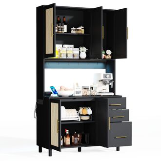 STILVORA Aparador De Cocina Con 3 Cajones 3 Puertas Led, Enchufes Y Usb, Estantes Ajustables, En Mdf, Negro