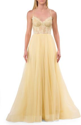 La Femme Tulle Dress with Full Skirt and Sheer Lace Bodice in Pale Yellow at Nordstrom, Size 10