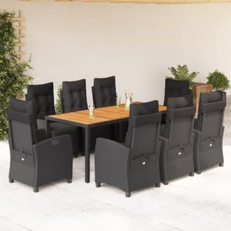 vidaXL Set De Comedor De Jard&iacute;n 9 Pzas Y Cojines Rat&aacute;n Sint&eacute;tico Negro Vidaxl