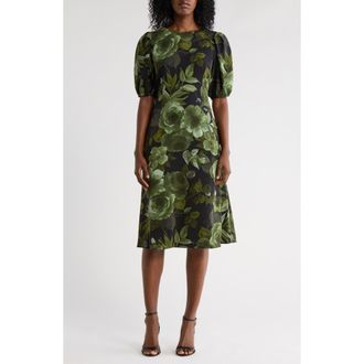 Connected Floral Puff Sleeve A-Line Dress in Olive at Nordstrom Rack, Size 12
