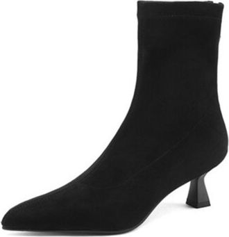 Generic Womens Suede Ankle Boots Pointed Toe Slim Stiletto Heels Side Zipper Stretch Knit Upper Soft Lining Cushioned Insole Durable Non-Slip Outsole,Black,5.