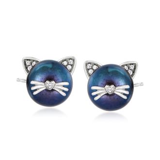 Ross-Simons 8-8.5mm Black Cultured Pearl Cat Earrings With Diamond Accents in Sterling Silver