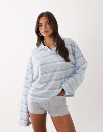 Lioness Rebels - Top celeste m&eacute;lange a righe oversize con colletto a contrasto e maniche ampie-Blu