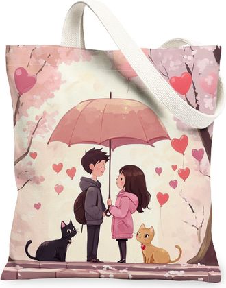 Generic Stained Glass Valentines Day Cupid Canvas Tote Bag for Shopping 13x15, Cartoon Man and Wife Couple Reusable Grocery Print Bag for Women, Fun Lover Bea