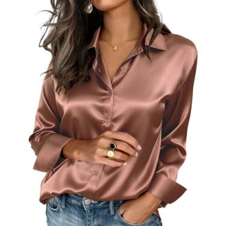 Generic Womens Satin Shirts Silk Solid Long Sleeve Button Down Lightweight Tops Casual Fashion Loose Fit Party Business Office Work Blouse Brown Sequin top Ro