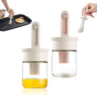 OEM Piezas, Cepillo Para Barbacoa 3 En 1, Dispensador De Aceite De Vidrio Con Cepillo, Blanco Y Rosa, 16 X 6,7 Cm, Apto Para Aceites, Salsas Y Adobos