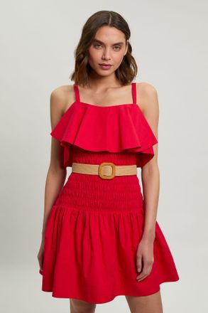 Karen Millen Womens Cotton Poplin Contrast Stitch Belted Mini Dress - Red - Size 10 UK