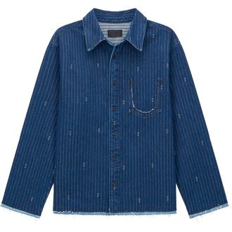 Rta Cleo Pinstripe Raw Edge Denim Button-Up Shirt in Blue Pinstripe at Nordstrom, Size Xxx-Large
