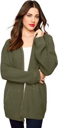 Roaman's Plus Size Waffle Knit Zip Front Relaxed Hoodie in Dark Olive Green at Nordstrom, Size Medium