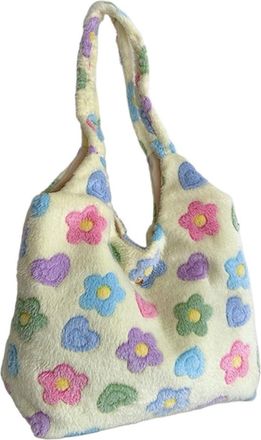 Generic Womens Plush Bags Women Cute Furry Hobo Bag Flower Pattern Versatile Shopping Large Capacity Casual Tote Handbag Soft Female Travel(Beige)