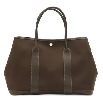 Herm&egrave;s Dark Brown Toile Officier Leather Handbag Shoulder Bag Tote Bag (Pre-Owned)