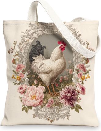 Generic Floral Canvas Tote Bag, Vintage Reusable Shopping Bags, Linen Lightweight White Shoulder Strap Bags 13x15 Inch