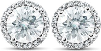 Pompeii3 2 1/5 Ct Diamond Halo Moissanite Studs 10k White Gold