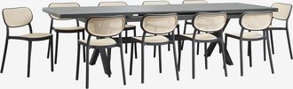 Sklum Set De Mesa Rectangular 240-300x100 Cm Extensible En Aluminio Karena Y 10 Sillas De Comedor Apilables En Polipropileno Omara Sklum