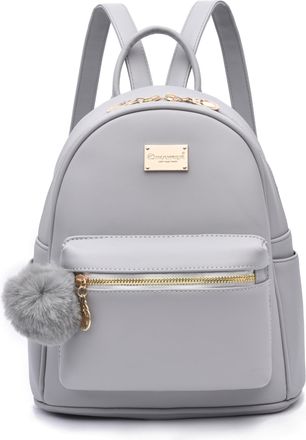 I Ihayner Girls Fashion Backpack Purse Leather Mini Backpack Purse for Women Satchel School Bags with Pompom Travel Daypacks Grey