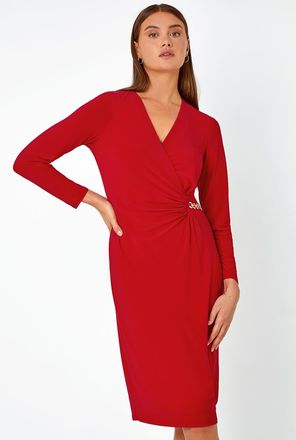 Roman Chain Detail Wrap Midi Stretch Dress