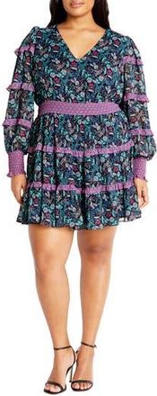 City Chic Hollie Print Long Sleeve Tiered Dress in Florentine at Nordstrom Rack, Size Xs/14W