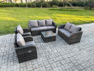 Fimous 7 Seater Garden Furniture Set Rattan Outdoor Lounge Sofa Chair With Tempered Glass Table Dark Grey Mixed