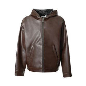 Msgm Msgm, Jassen, Heren, Bruin, S, Leer, Textured Faux Leather Hooded Jacket