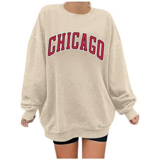Generic Womens Letter Graphic Print Sweatshirt Cute Chicago Oversized Pullover Crewneck Long Sleeve Tops for Teen Girl Jumpers for Women uk