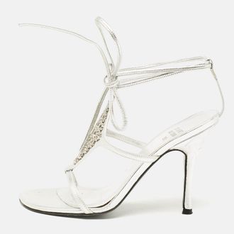 Stuart Weitzman Silver Leather Crystal Embellished Ankle Strap Sandals