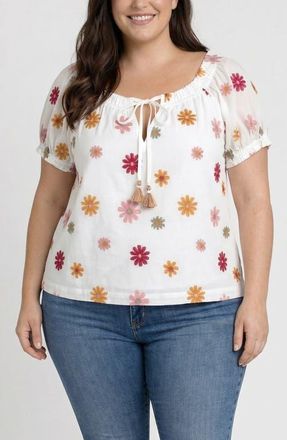 Liverpool L.A. Embroidered Tie Neck Top in White Mlt Flwr at Nordstrom, Size 1X