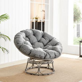 Furniturebox Black Rattan Outdoor Moon Chair in PE Resin Rattan Weave & 10.5cm Thick Grey Cushion - Papasan Garden Chair