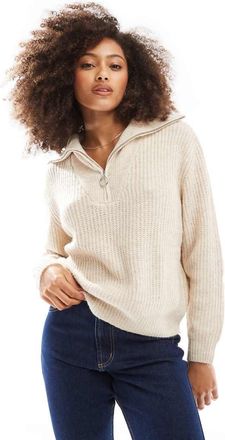 Only quarter zip knitted sweater in cream-White