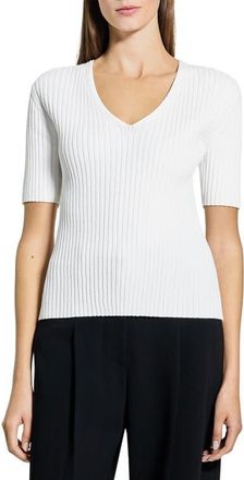 Theory V-Neck Rib Pointelle Sweater in White at Nordstrom, Size Medium