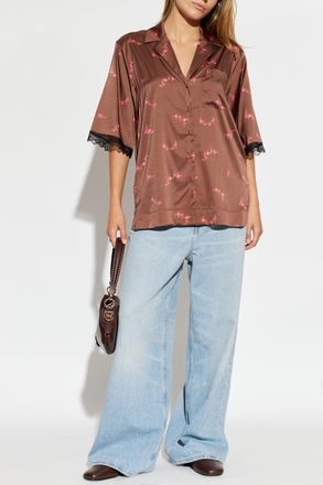 Ganni Shirt With Floral Motif, Womens, Brown