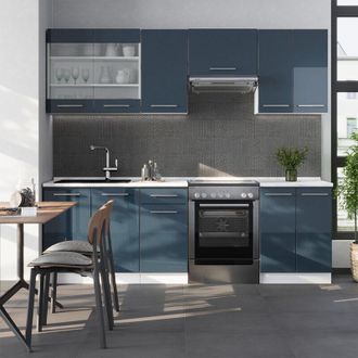 Vicco Mueble De Cocina Fame-line, Azul Oscuro Alto Brillo/blanco, 240 Cm, Et M&aacute;rmol, Vicco