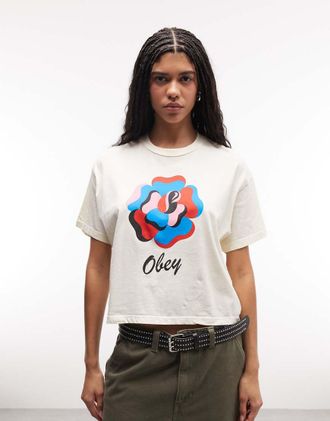 Obey T-shirt a maniche corte beige con stampa di rosa di carta-Neutro