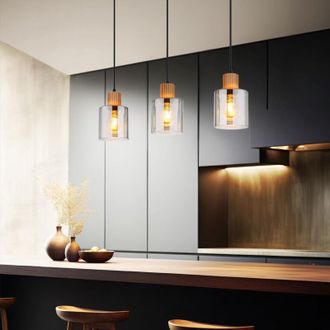 Globo Lighting Lampada a sospensione in legno luce a sospensione retrò vetro fumé lampada a sospensione nera, regolabile in altezza, metallo, 3x presa E27, LxLxH