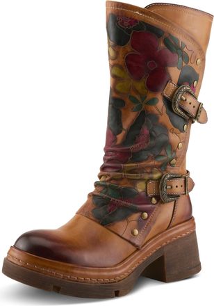 L'Artiste by Spring Step Coolvibes Platform Boots | Hand-Painted Leather Mid-Shaft Boots with Buckle Detail, Camel Multi, 7.5-8