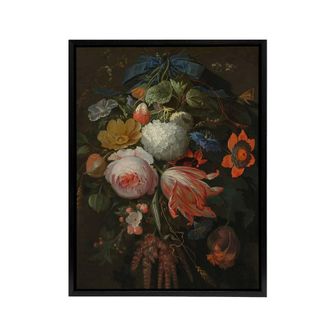 Artery8 Hanging Bouquet of Flowers Abraham Mignon Black Framed Canvas Wall Art | Size: W24 x H32
