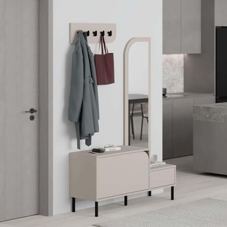 Decortie Mila Coat Stand Set Full-Length Mirror Shoe Cabinet 5 Hooks in Beige | Size: 3 Pack