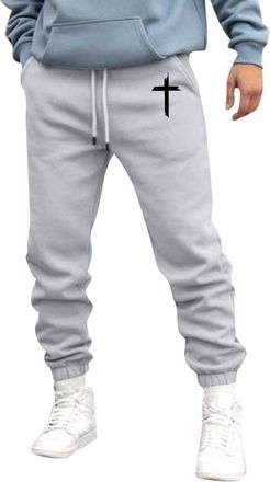 Generic Mens Trousers Casual Smart Christian Cross Print Athletic Sweatpants Elasticated Waist Joggers Tracksuit Bottoms with Pockets, Grey, L