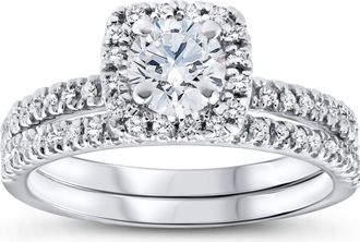 Pompeii3 5/8 Ct Lab Grown Diamond Cushion Halo Engagement Wedding Ring Set White Gold EX3