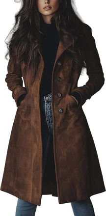 Generic Suede Jacket for Women Fall Retro Double Breasted Classic Lapel Slim Ladies Faux Suede Coat Elegant Suede Long Trench Coat (BROWN,XXL)