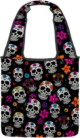 Generic Sugar Skull Floral Reversible Canvas Shoulder Tote - Double-Sided Print, 12oz Cotton, 27cm Drop, Fold-Flat Bag for Travel, Shopping, Street Outings