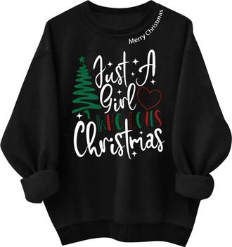 Generic Just A Girl Who Loves Christmas Sweatshirts for Women Xmasprint Crewneck Long Sleeve Tops Ladies Festival Pullover(Black, M)