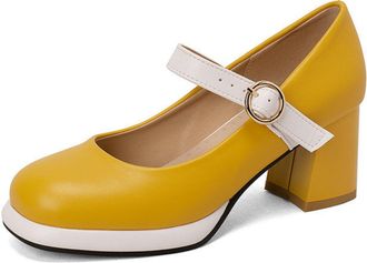 Generic Womens Mary Jane Pumps with Chunky Heel & Ankle-Strap - Comfortable Office Shoes for Work, Daily Wear,Yellow,6.5 UK