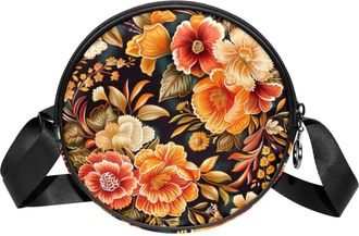 Generic Circle Crossbody Bag for Women, Ethnic Boho Floral Small Sling Bag Daypack with Zipper Adjustable Shoulder Straps Casual Ladies Girls Round Purse