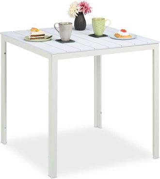 Relaxdays Relaxdays Garden Table in Wood Look, Balcony, Weatherproof, HWD: 74.5 x 78 x 78 cm, Plastic & Steel, Outdoors, White