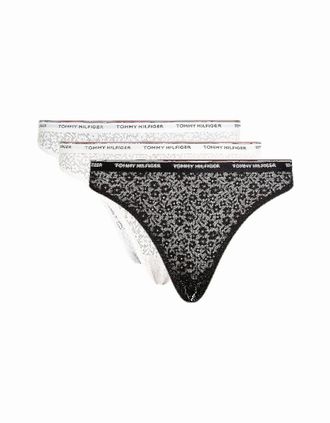 Tommy Hilfiger Womens 3-Pack Premium Essential Lace Thongs, Black/White/Light Pink - Size: 16