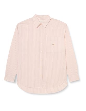 Calvin Klein Womens Woven Label Relaxed Fit Shirt, Multicolor (Tuscany/White Stripe), M