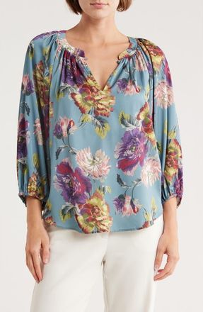 Elie Tahari Floral Balloon Sleeve Top in Blue/Floral Print at Nordstrom Rack, Size X-Small